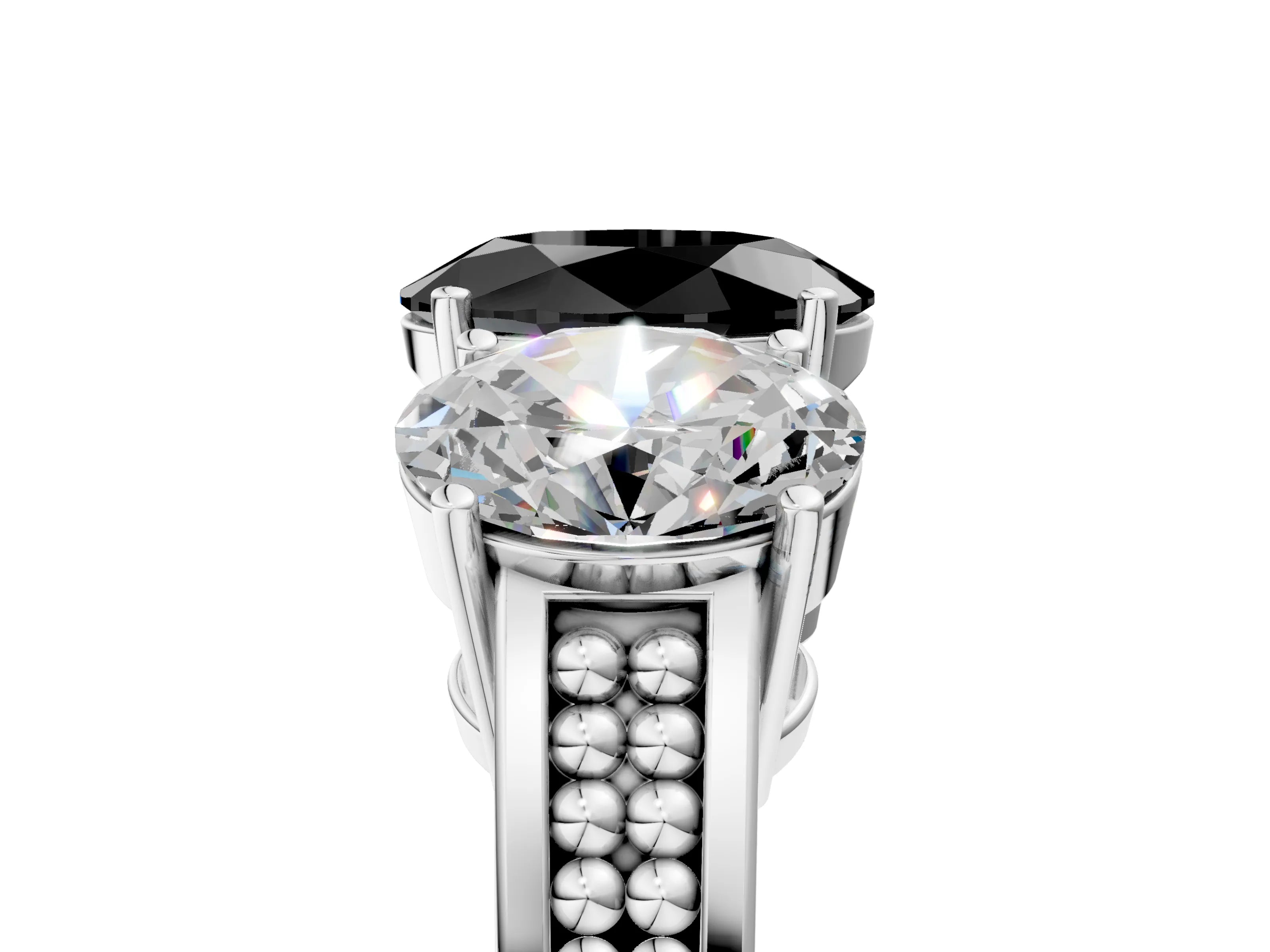 White gold Fancy Black Oval Cut Diamond Three-Stone Ring with Prong Setting and Textured Band_17