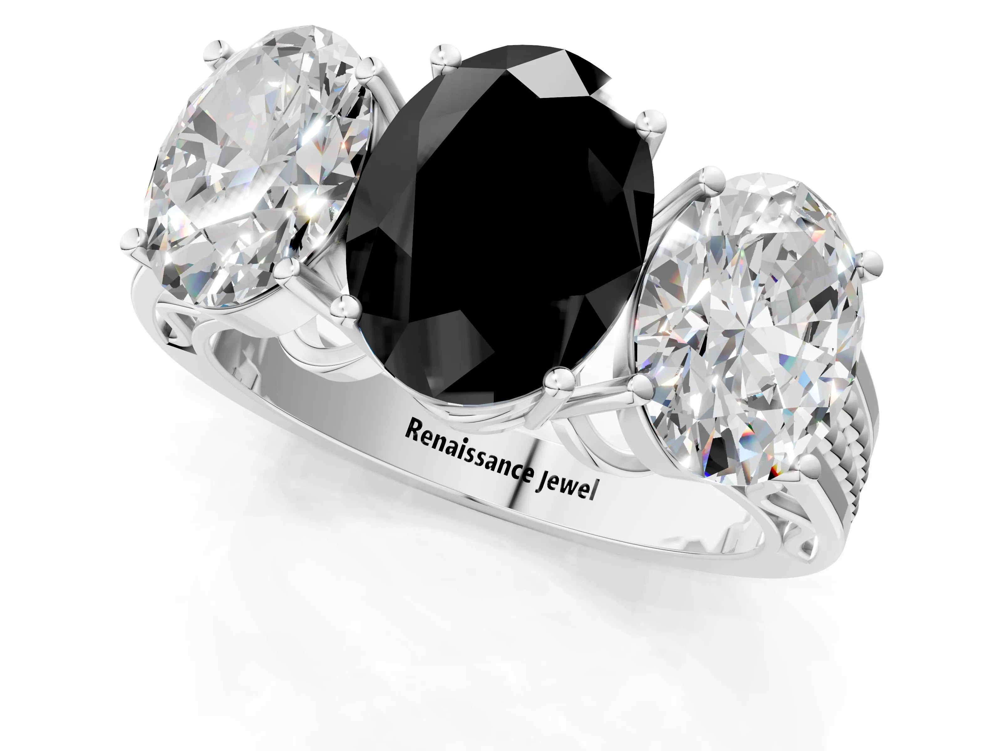 White gold Fancy Black Oval Cut Diamond Three-Stone Ring with Prong Setting and Textured Band_1