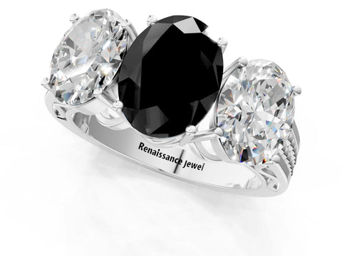 White gold Fancy Black Oval Cut Diamond Three-Stone Ring with Prong Setting and Textured Band_1