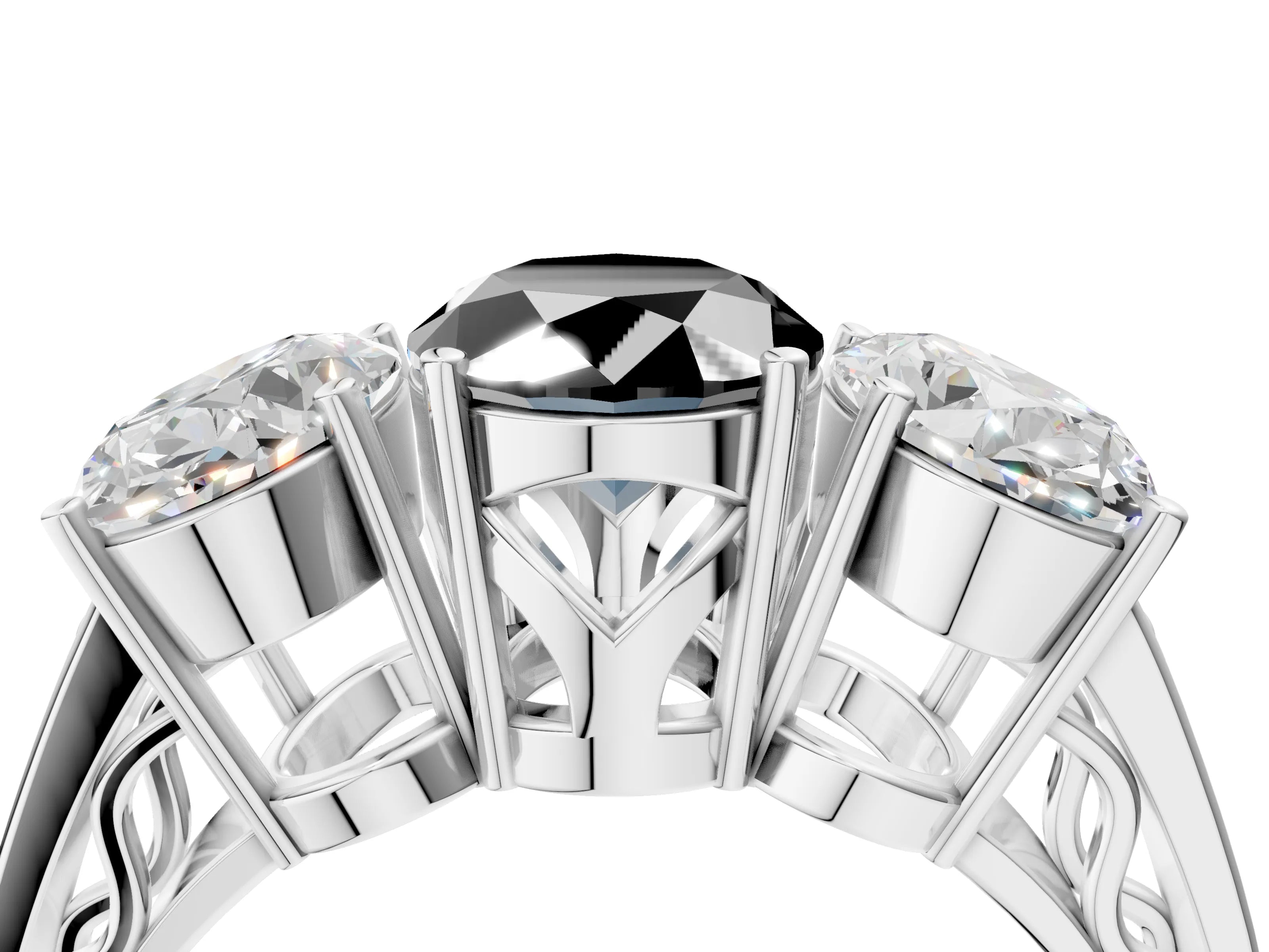 White gold Fancy Black Oval Cut Diamond Three-Stone Ring with Prong Setting and Textured Band_4