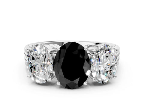 White gold Fancy Black Oval Cut Diamond Three-Stone Ring with Prong Setting and Textured Band