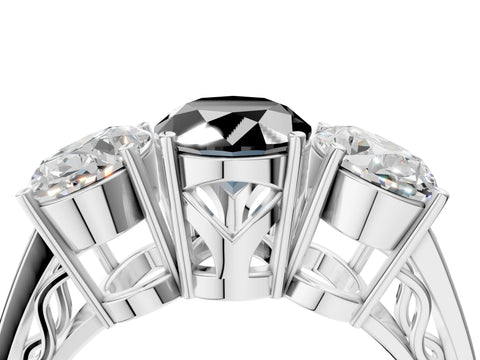White gold Fancy Black Oval Cut Diamond Three-Stone Ring with Prong Setting and Textured Band_4