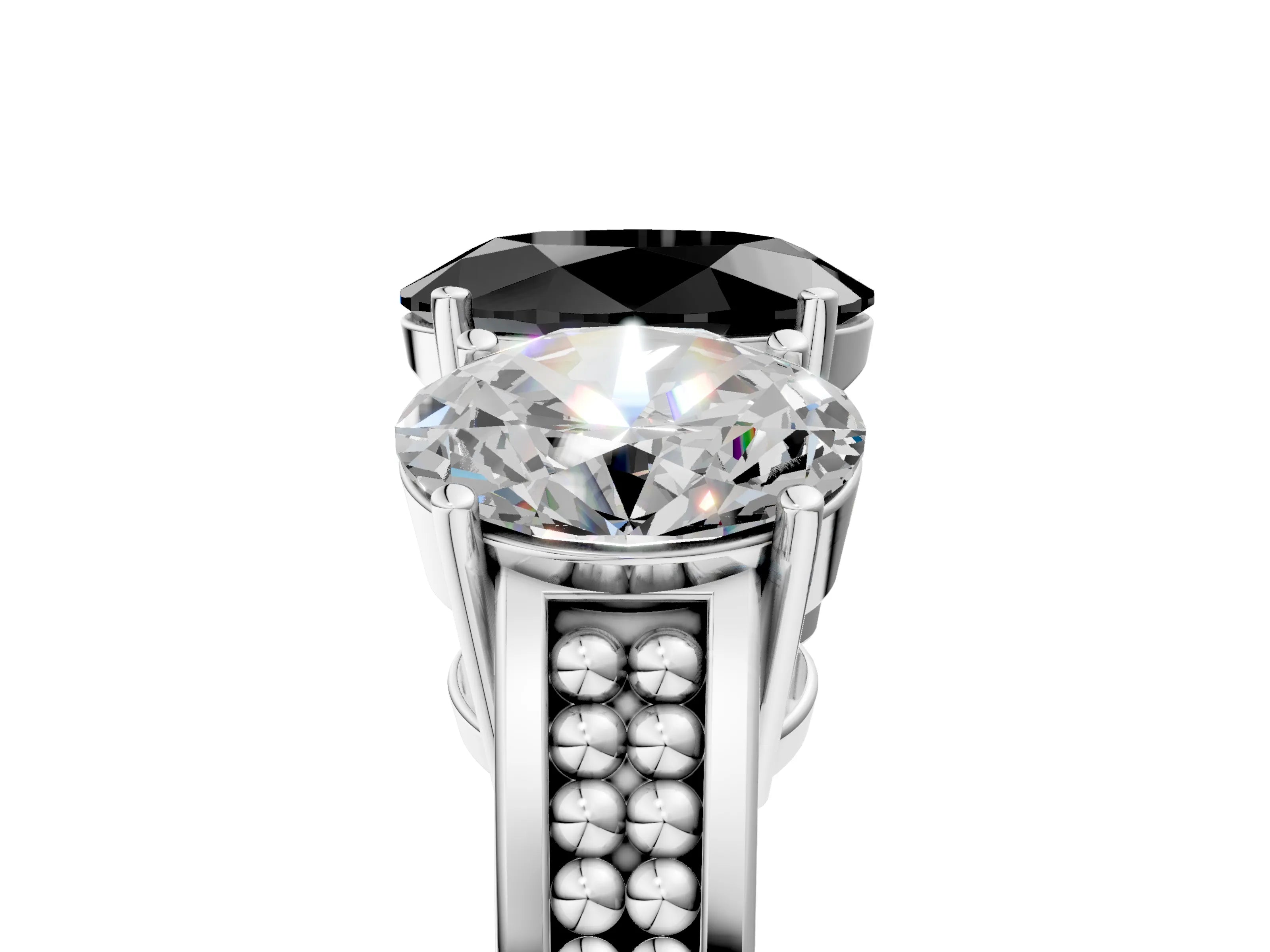 White gold Fancy Black Oval Cut Diamond Three-Stone Ring with Prong Setting and Textured Band_5
