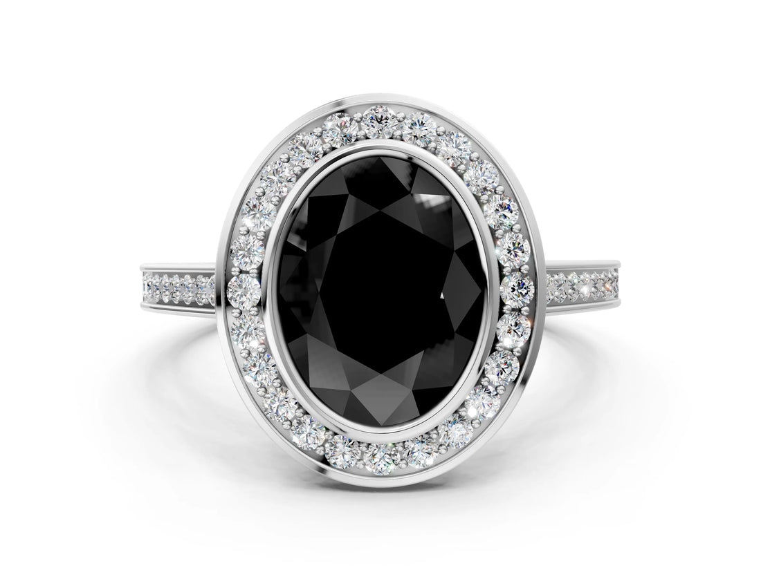 White gold Fancy Black Oval Cut Halo Bezel Diamond Pave Band Ring