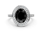 White gold Fancy Black Oval Cut Halo Bezel Diamond Pave Band Ring