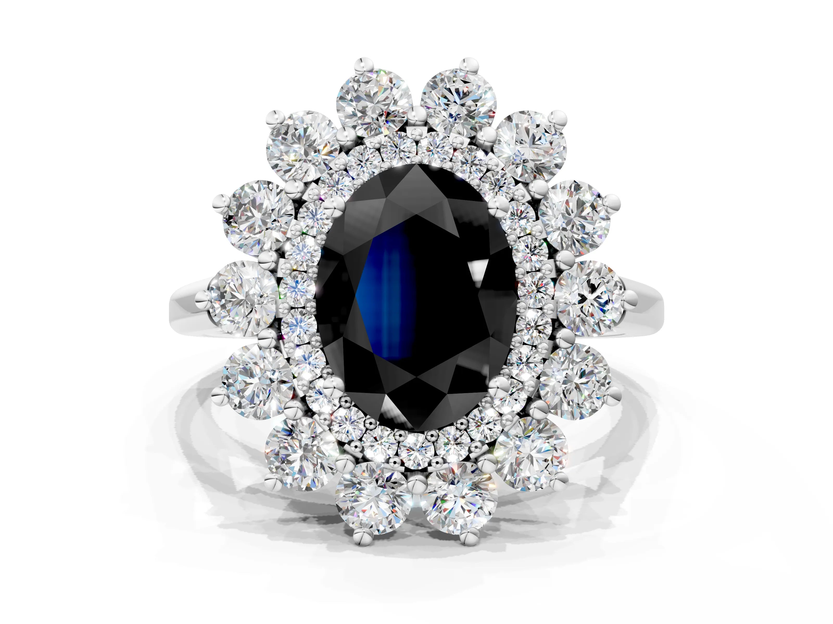 White gold Fancy Black Oval Cut Halo Cluster Diamond Ring with Pave Band and Four-Prong Setting_12