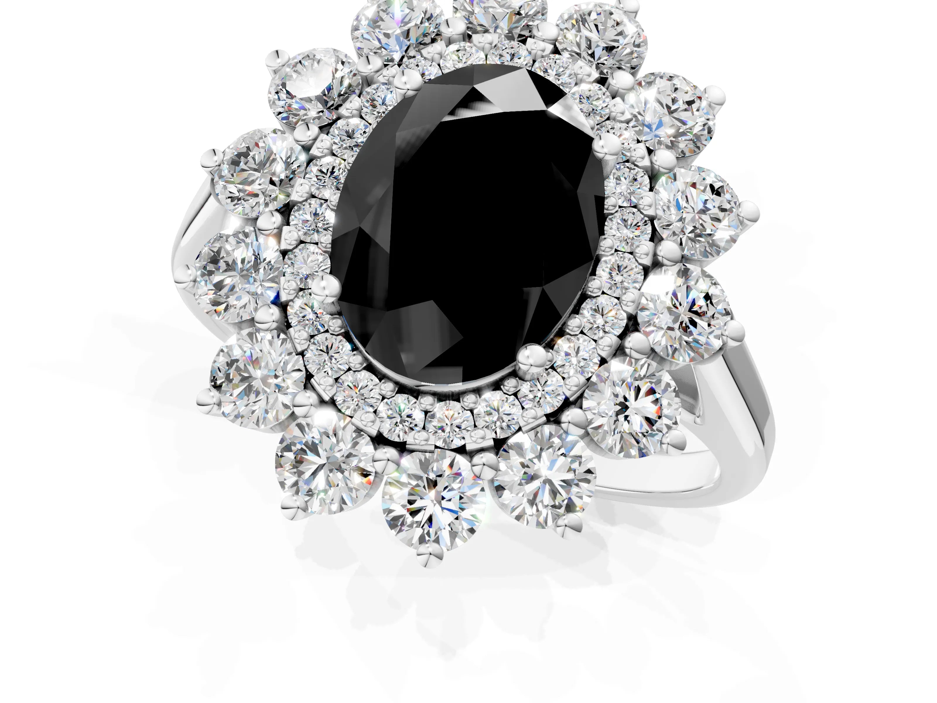 White gold Fancy Black Oval Cut Halo Cluster Diamond Ring with Pave Band and Four-Prong Setting_13