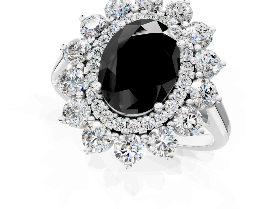 White gold Fancy Black Oval Cut Halo Cluster Diamond Ring with Pave Band and Four-Prong Setting_13