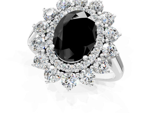 White gold Fancy Black Oval Cut Halo Cluster Diamond Ring with Pave Band and Four-Prong Setting_13