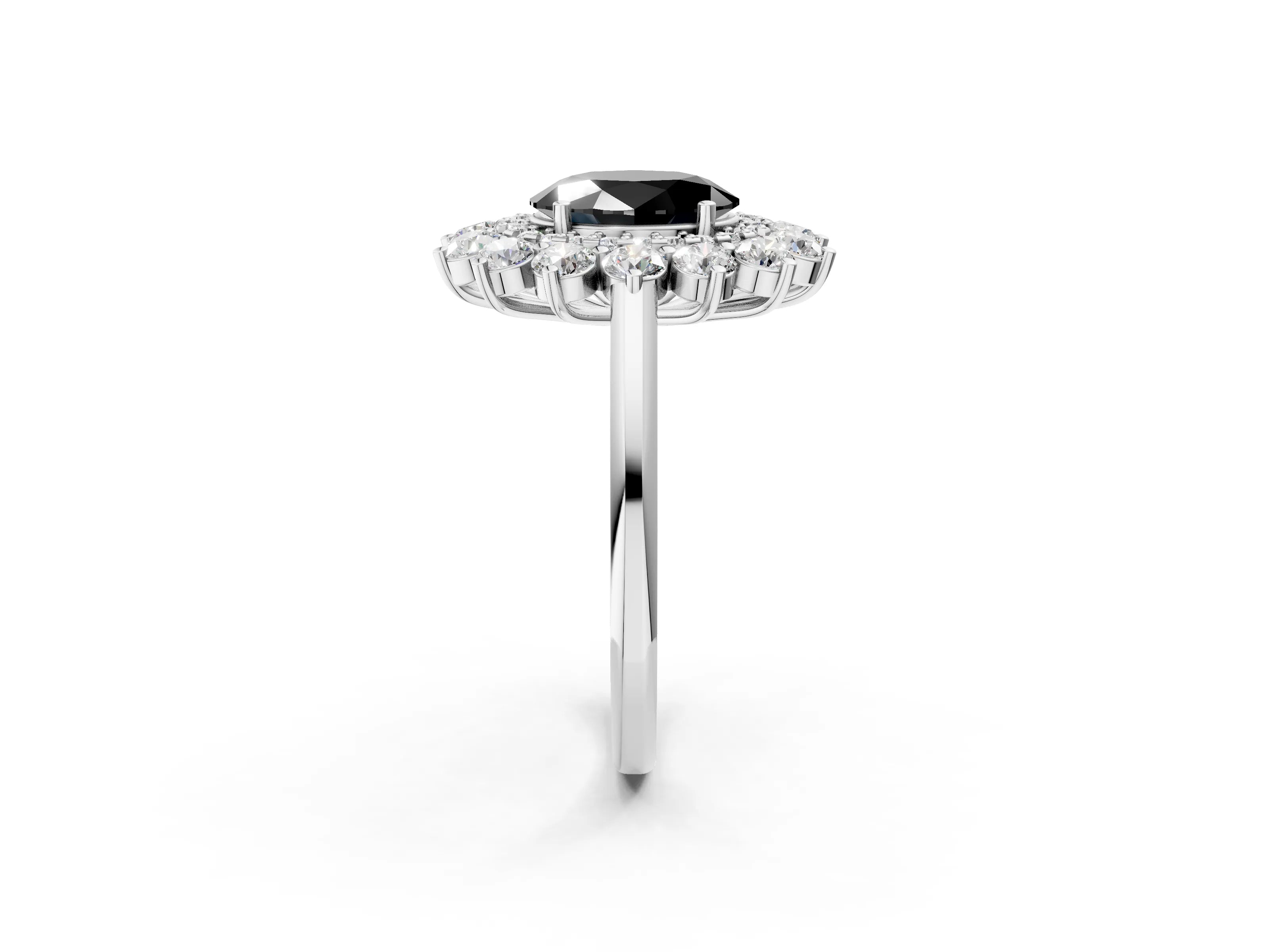 White gold Fancy Black Oval Cut Halo Cluster Diamond Ring with Pave Band and Four-Prong Setting_14