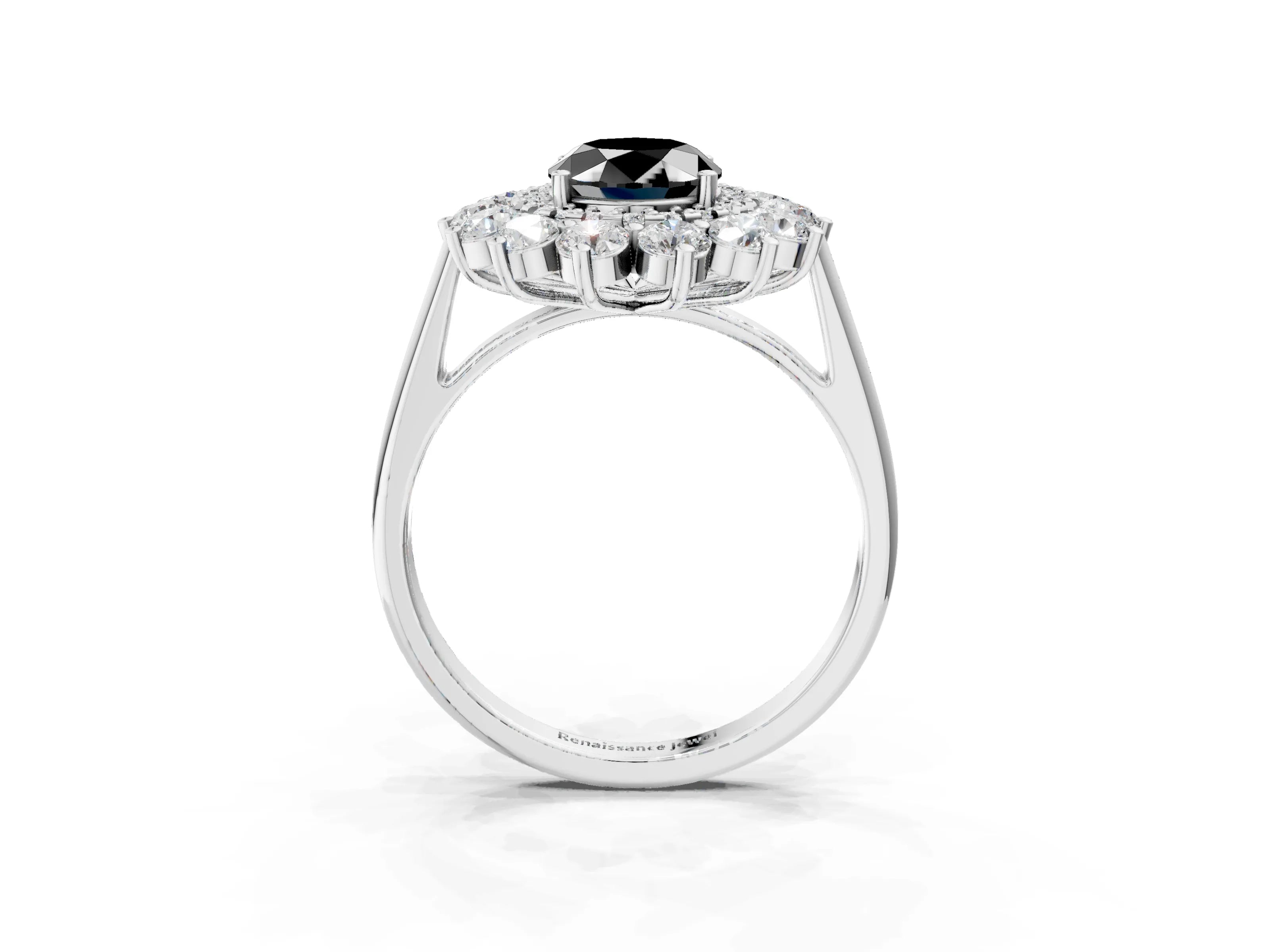 White gold Fancy Black Oval Cut Halo Cluster Diamond Ring with Pave Band and Four-Prong Setting_15