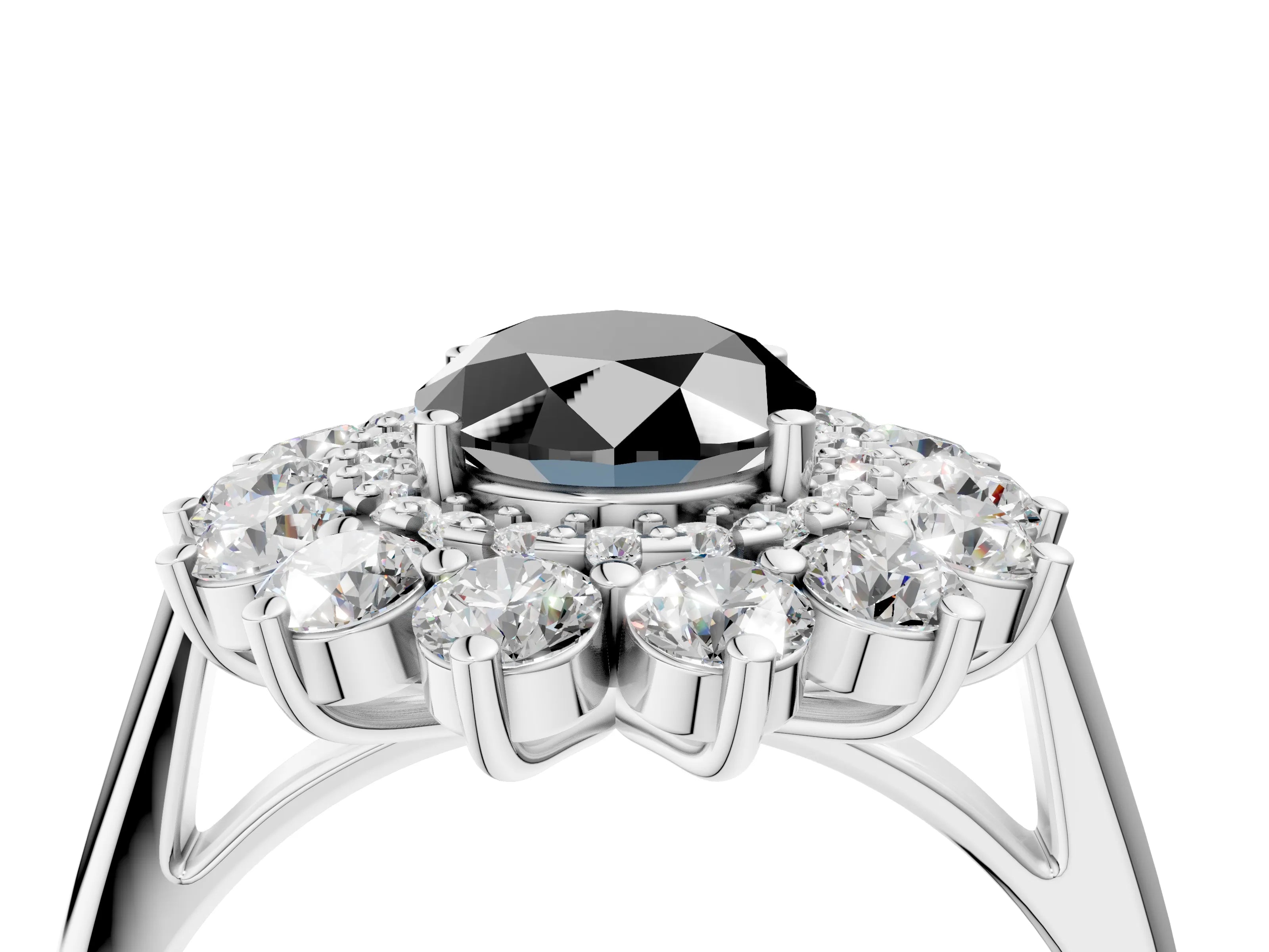 White gold Fancy Black Oval Cut Halo Cluster Diamond Ring with Pave Band and Four-Prong Setting_16