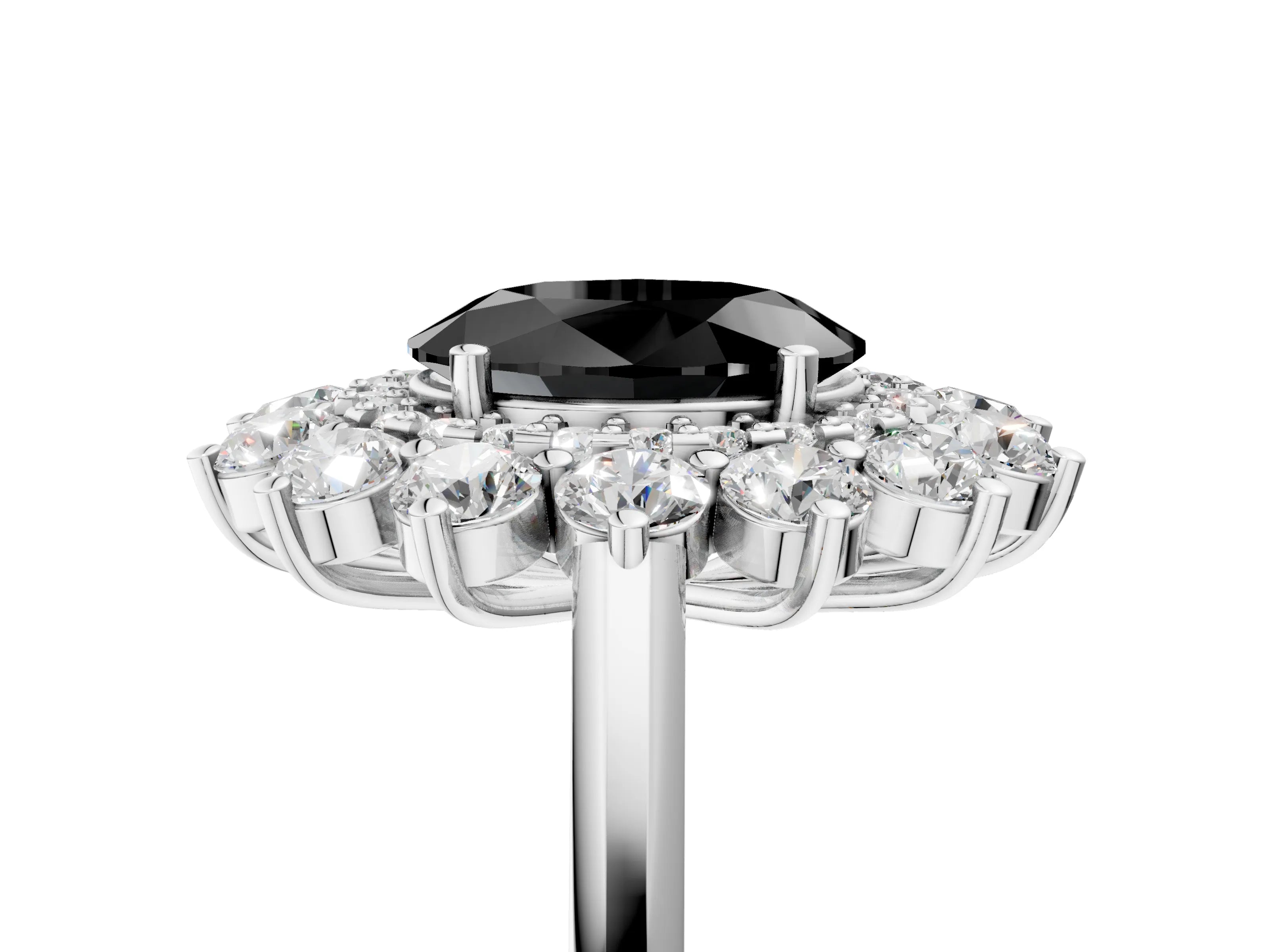 White gold Fancy Black Oval Cut Halo Cluster Diamond Ring with Pave Band and Four-Prong Setting_17