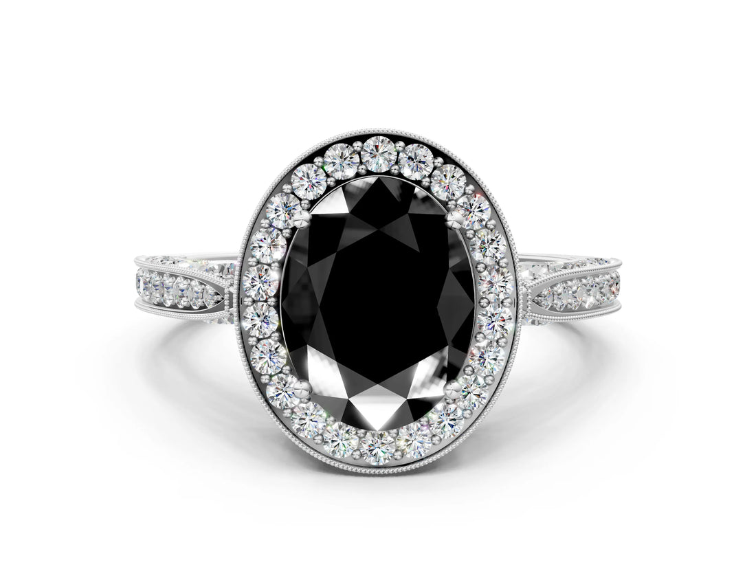 White gold Fancy Black Oval Cut Halo Diamond Engagement Ring with Split Shank Band and Four-Prong Setting_12