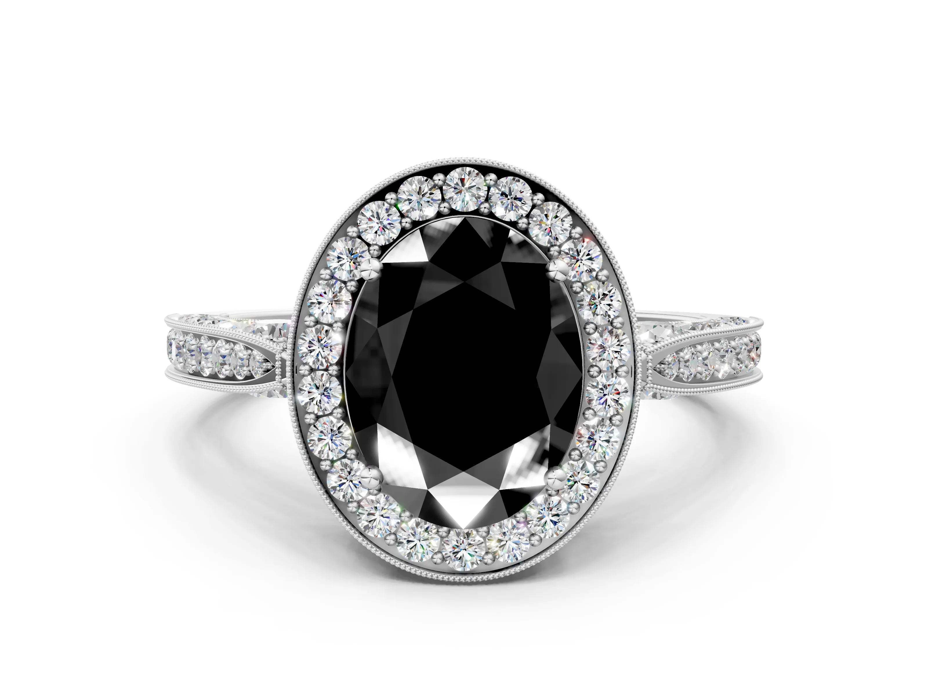 White gold Fancy Black Oval Cut Halo Diamond Engagement Ring with Split Shank Band and Four-Prong Setting_12