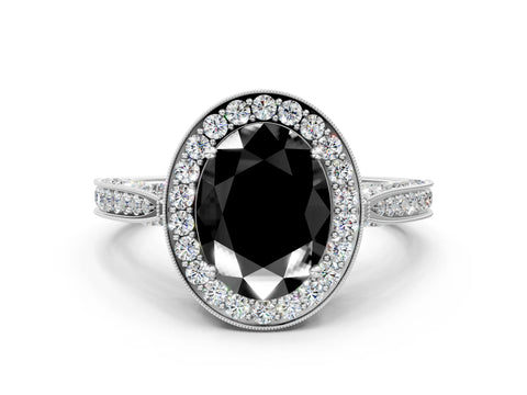 White gold Fancy Black Oval Cut Halo Diamond Engagement Ring with Split Shank Band and Four-Prong Setting_12