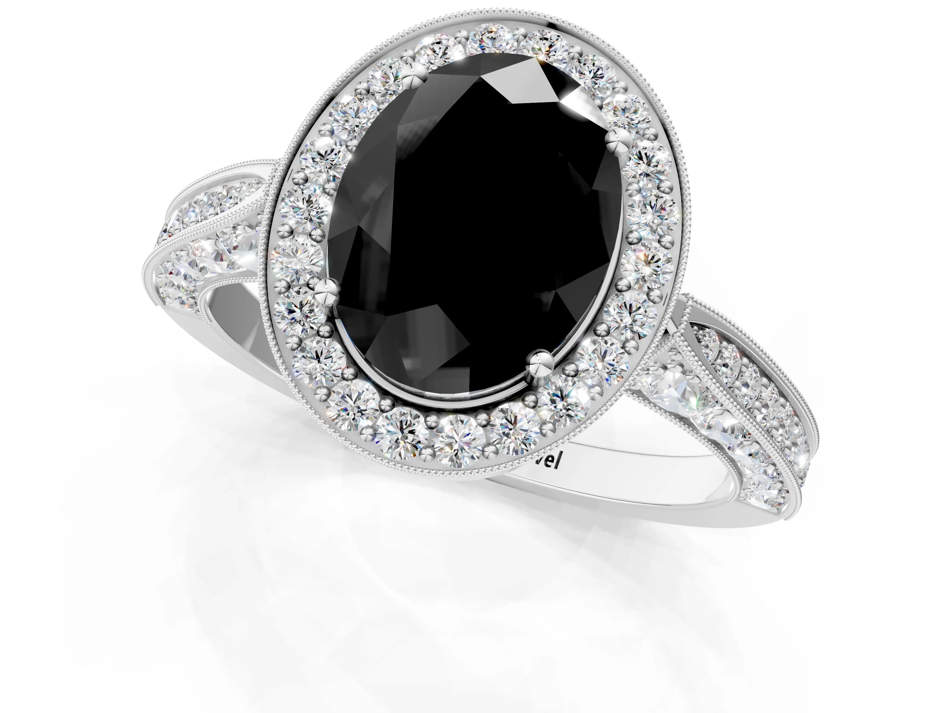 White gold Fancy Black Oval Cut Halo Diamond Engagement Ring with Split Shank Band and Four-Prong Setting_13