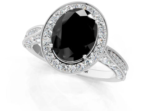 White gold Fancy Black Oval Cut Halo Diamond Engagement Ring with Split Shank Band and Four-Prong Setting_13
