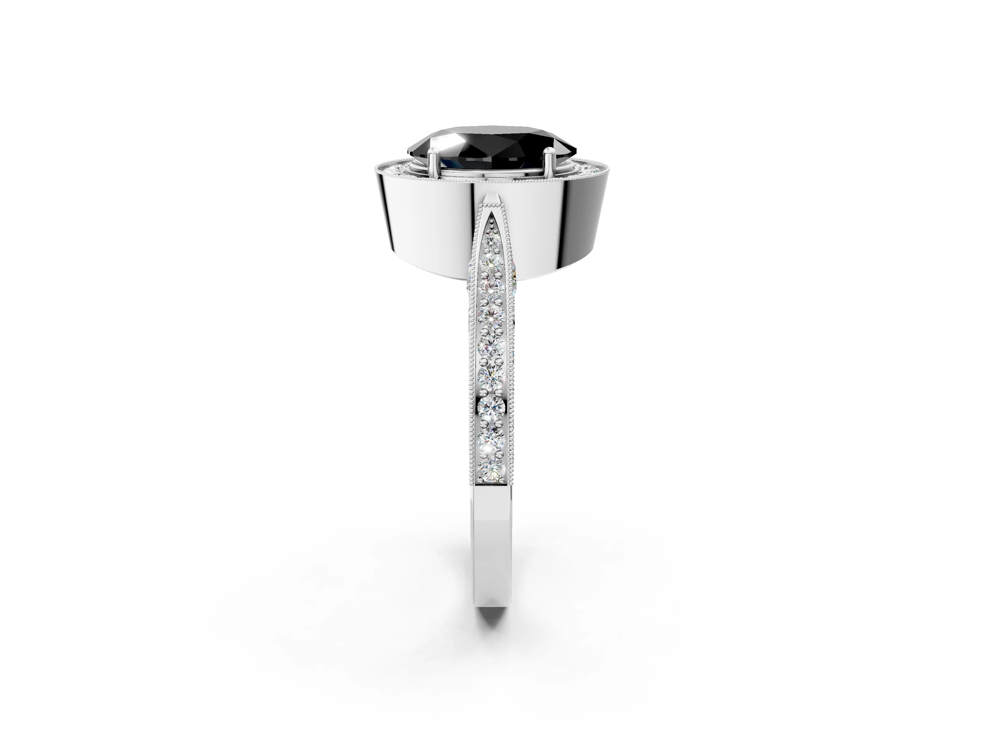 White gold Fancy Black Oval Cut Halo Diamond Engagement Ring with Split Shank Band and Four-Prong Setting_14
