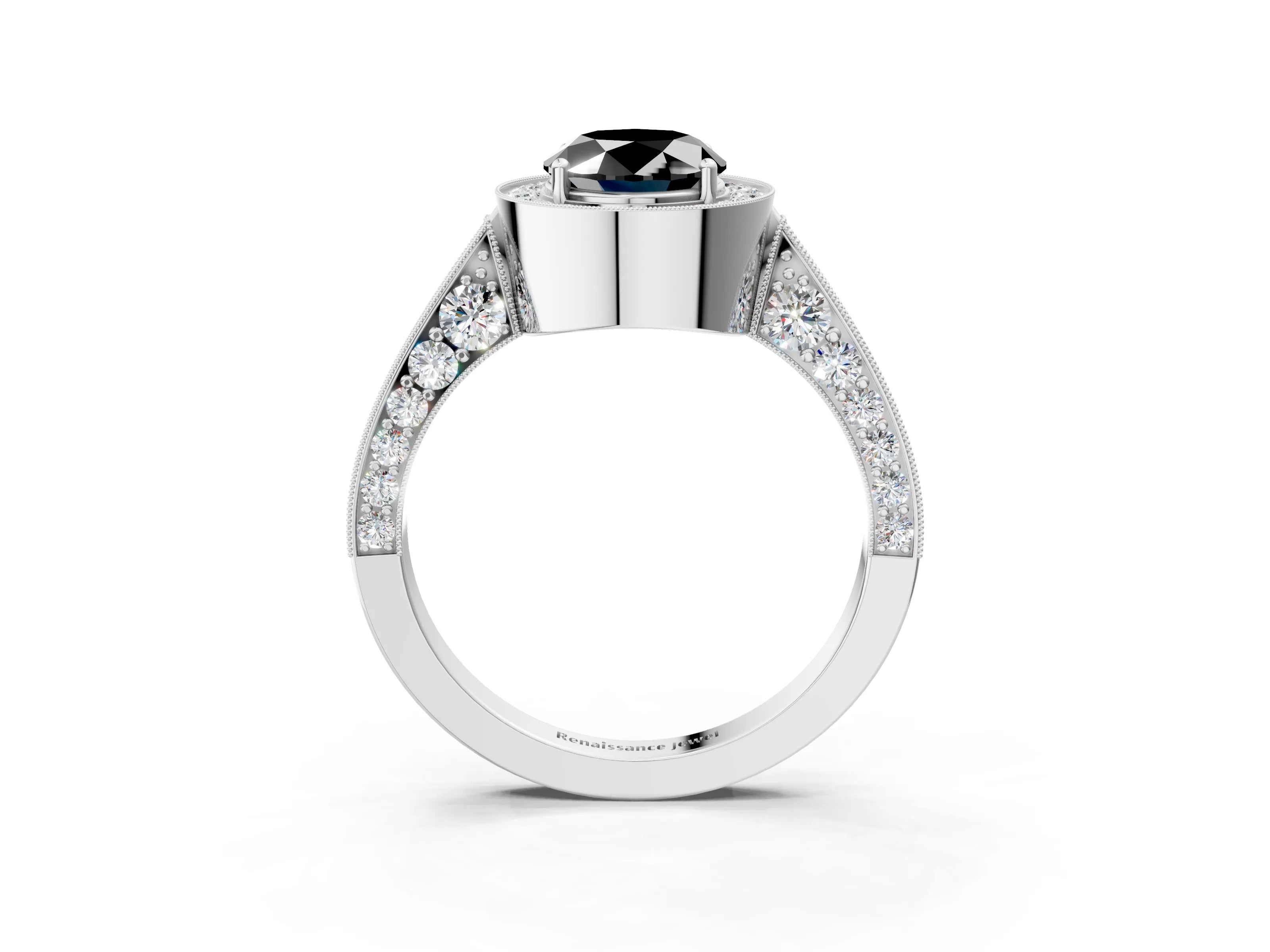 White gold Fancy Black Oval Cut Halo Diamond Engagement Ring with Split Shank Band and Four-Prong Setting_15