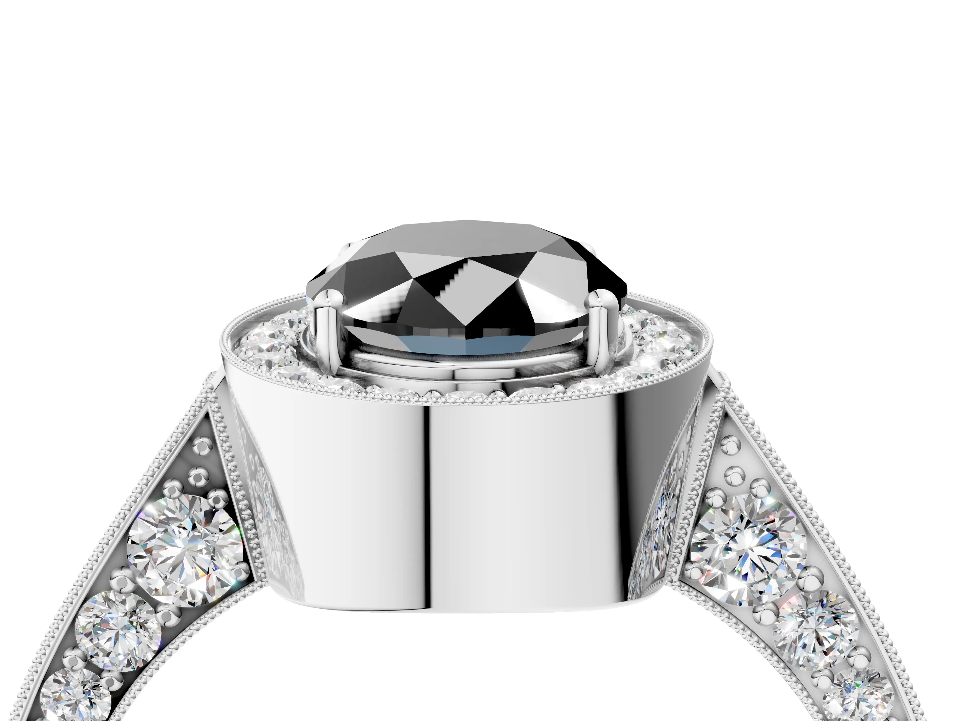 White gold Fancy Black Oval Cut Halo Diamond Engagement Ring with Split Shank Band and Four-Prong Setting_16