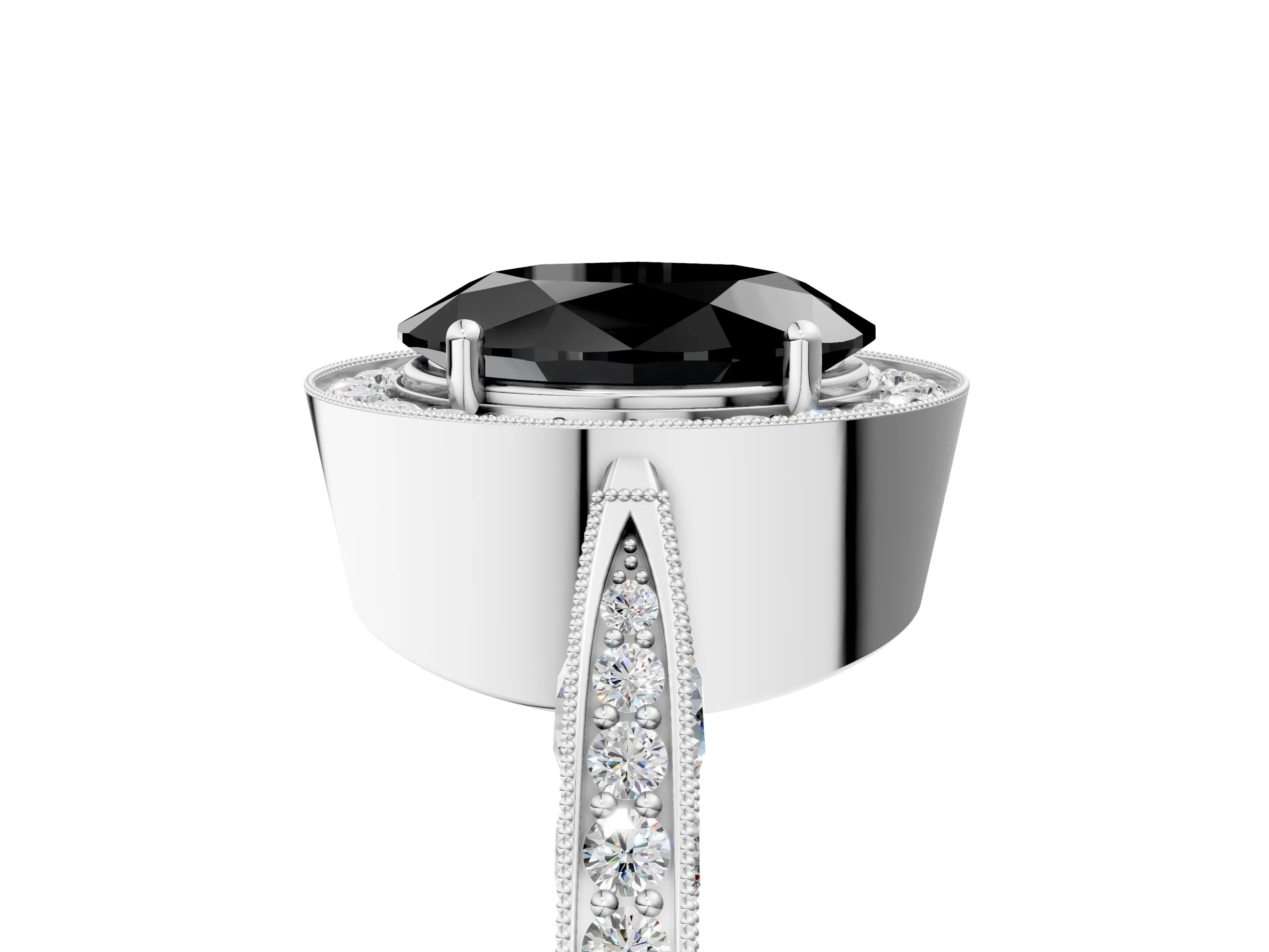 White gold Fancy Black Oval Cut Halo Diamond Engagement Ring with Split Shank Band and Four-Prong Setting_17