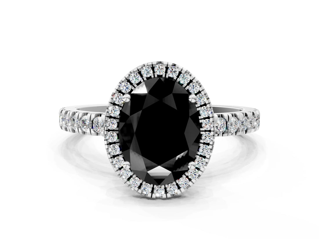 White gold Fancy Black Oval Cut Halo Diamond Pave Band with Prong Setting