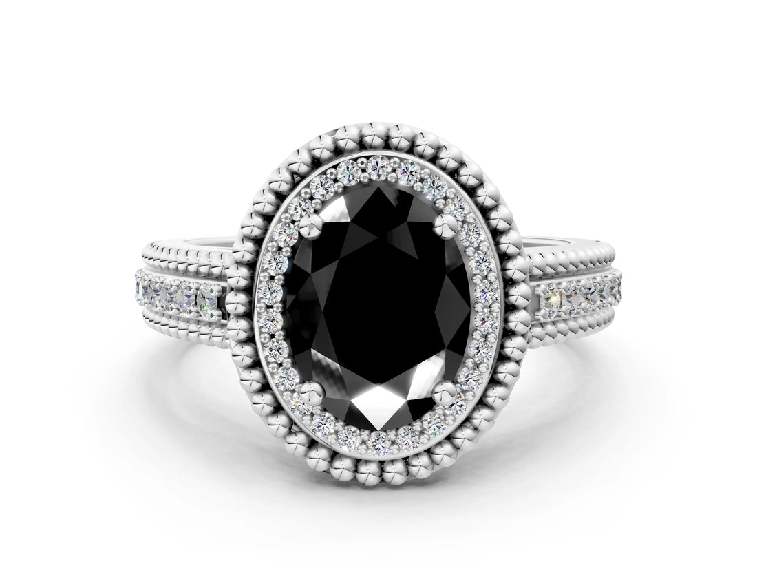 White gold Fancy Black Oval Cut Halo Diamond Ring with Beaded Split Shank and Four-Prong Setting