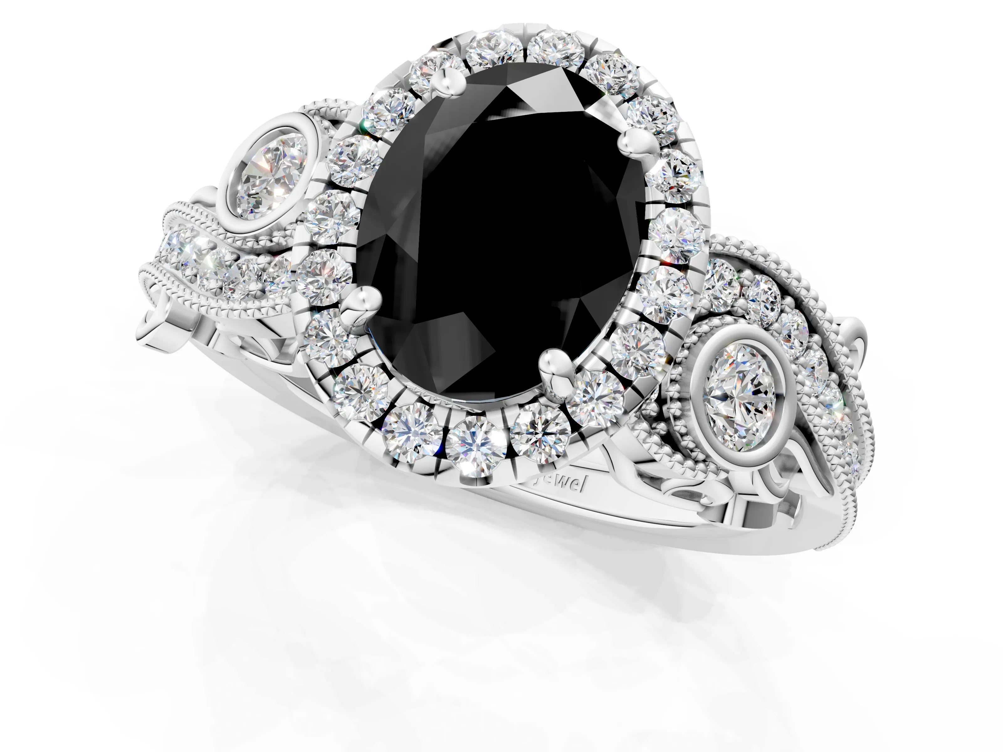 White gold Fancy Black Oval Cut Halo Diamond Ring with Milgrain and Bezel Accents on a Split Shank Band_1