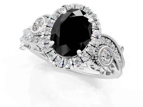 White gold Fancy Black Oval Cut Halo Diamond Ring with Milgrain and Bezel Accents on a Split Shank Band_1