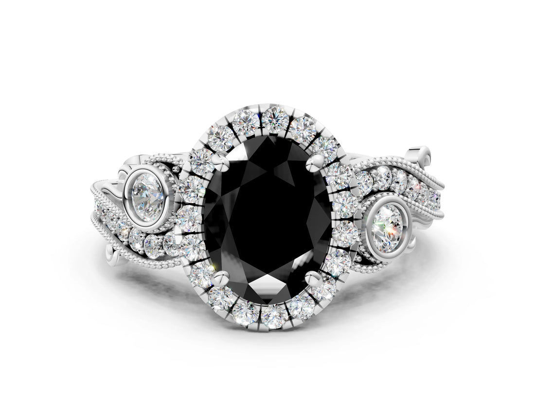 White gold Fancy Black Oval Cut Halo Diamond Ring with Milgrain and Bezel Accents on a Split Shank Band_24