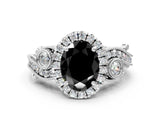White gold Fancy Black Oval Cut Halo Diamond Ring with Milgrain and Bezel Accents on a Split Shank Band_24