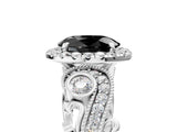 White gold Fancy Black Oval Cut Halo Diamond Ring with Milgrain and Bezel Accents on a Split Shank Band_29