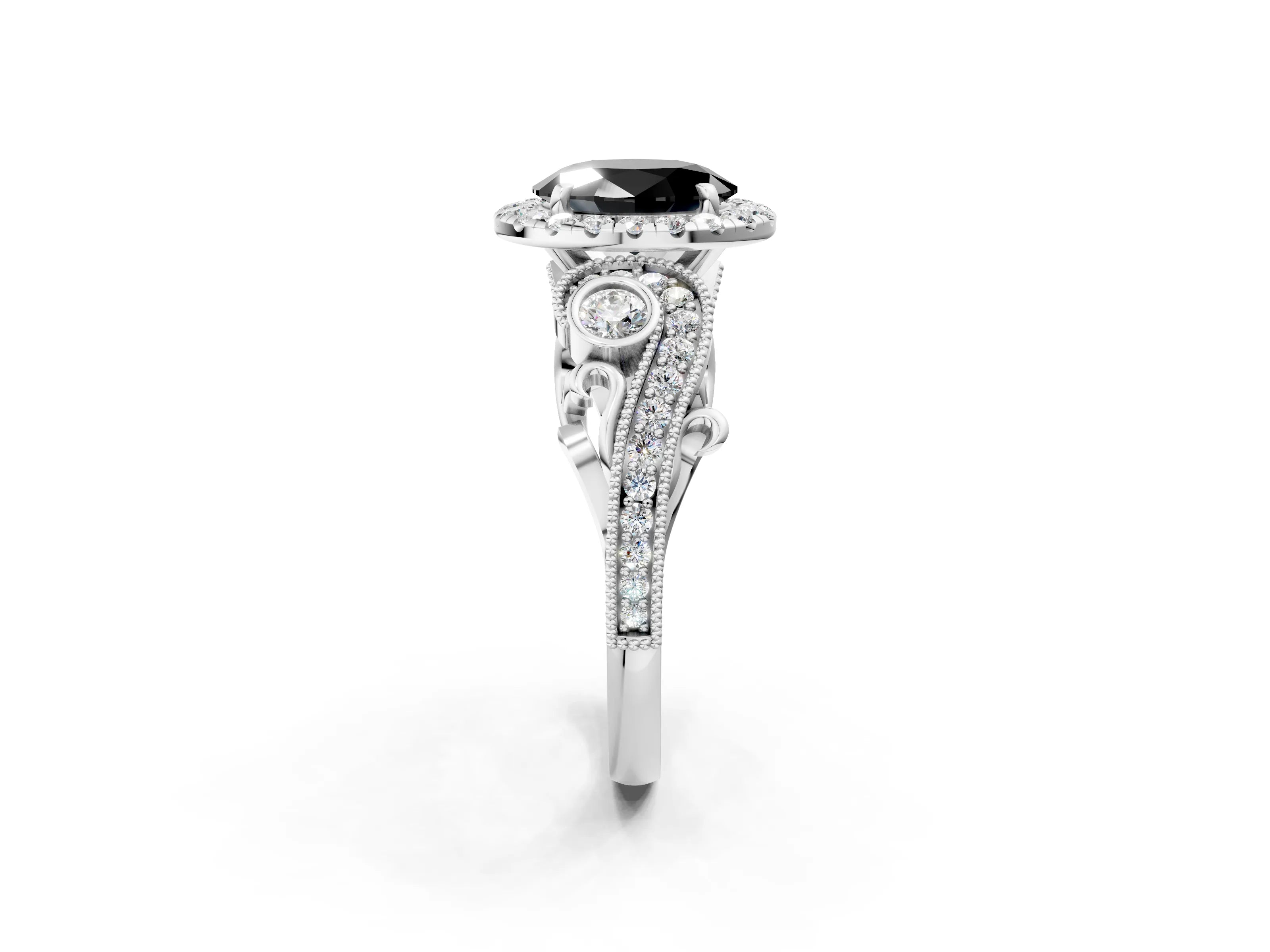 White gold Fancy Black Oval Cut Halo Diamond Ring with Milgrain and Bezel Accents on a Split Shank Band_2