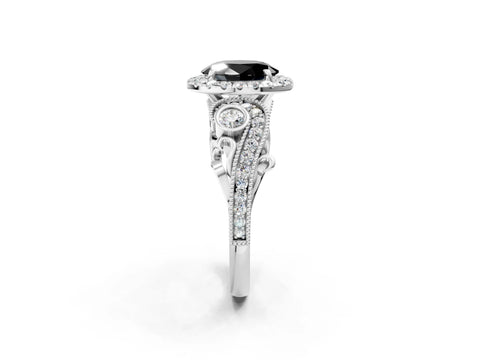 White gold Fancy Black Oval Cut Halo Diamond Ring with Milgrain and Bezel Accents on a Split Shank Band_2