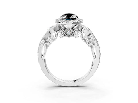 White gold Fancy Black Oval Cut Halo Diamond Ring with Milgrain and Bezel Accents on a Split Shank Band_3