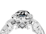 White gold Fancy Black Oval Cut Halo Diamond Ring with Milgrain and Bezel Accents on a Split Shank Band_4