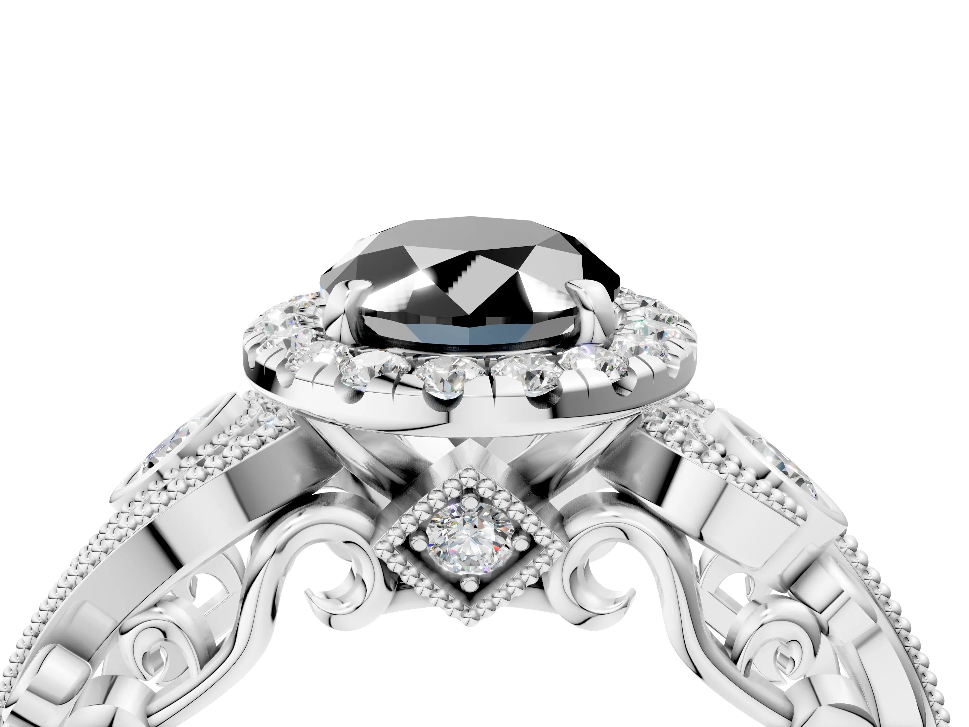 White gold Fancy Black Oval Cut Halo Diamond Ring with Milgrain and Bezel Accents on a Split Shank Band_4