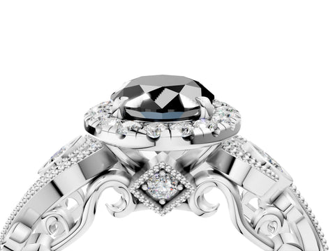 White gold Fancy Black Oval Cut Halo Diamond Ring with Milgrain and Bezel Accents on a Split Shank Band_4