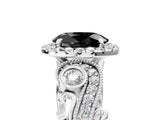 White gold Fancy Black Oval Cut Halo Diamond Ring with Milgrain and Bezel Accents on a Split Shank Band_5