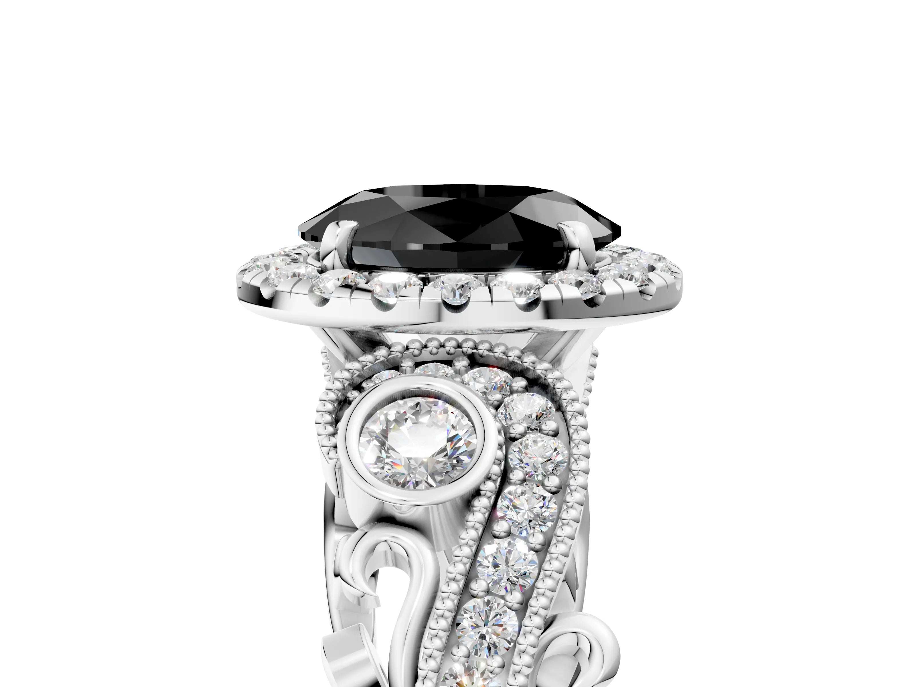White gold Fancy Black Oval Cut Halo Diamond Ring with Milgrain and Bezel Accents on a Split Shank Band_5
