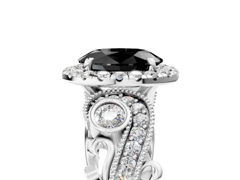 White gold Fancy Black Oval Cut Halo Diamond Ring with Milgrain and Bezel Accents on a Split Shank Band_5