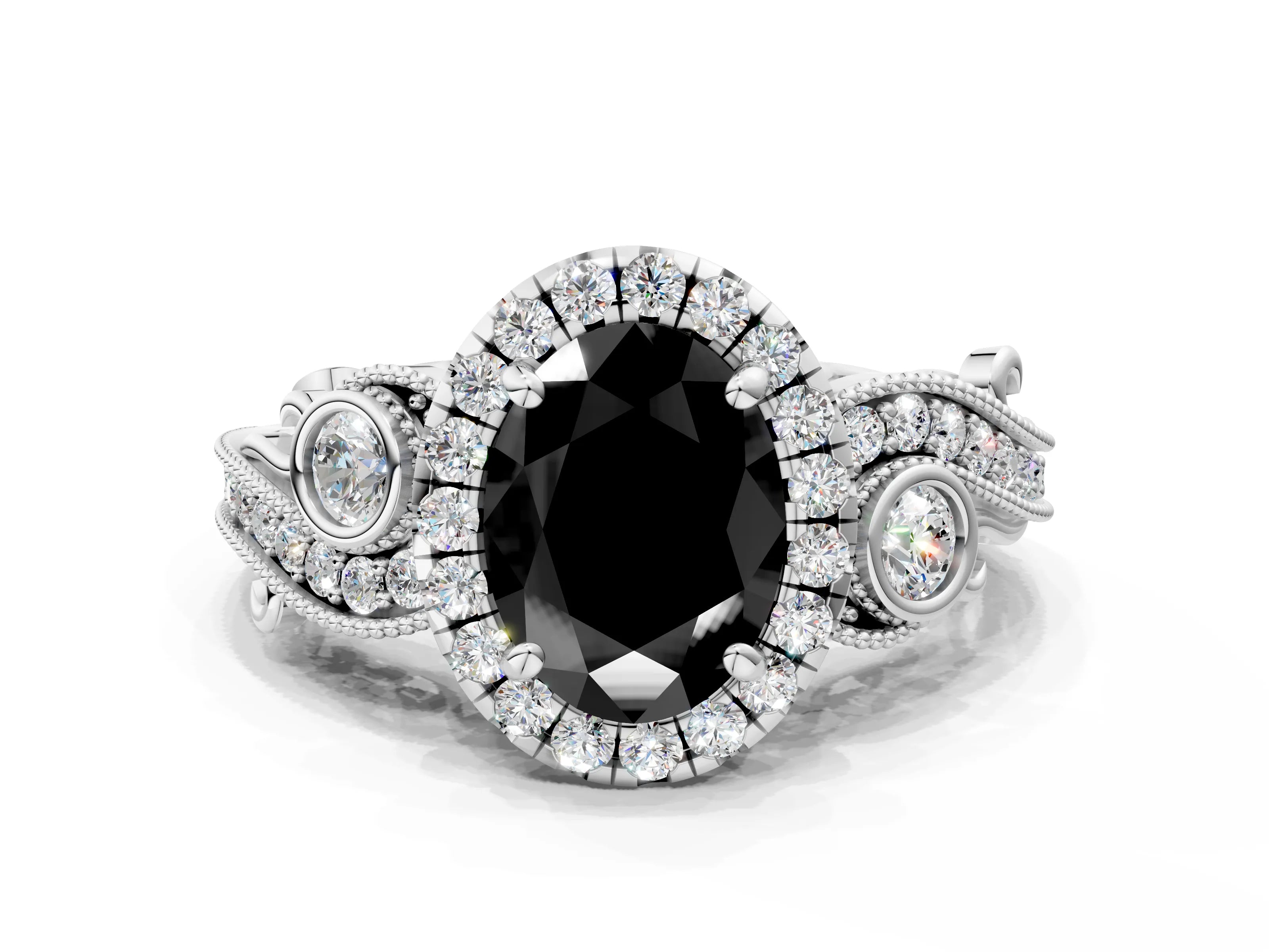 White gold Fancy Black Oval Cut Halo Diamond Ring with Milgrain and Bezel Accents on a Split Shank Band