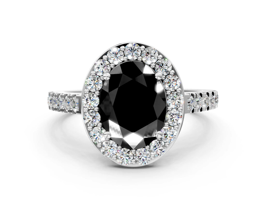 White gold Fancy Black Oval Cut Halo Diamond Ring with Pavé Band and Three-Prong Setting_48