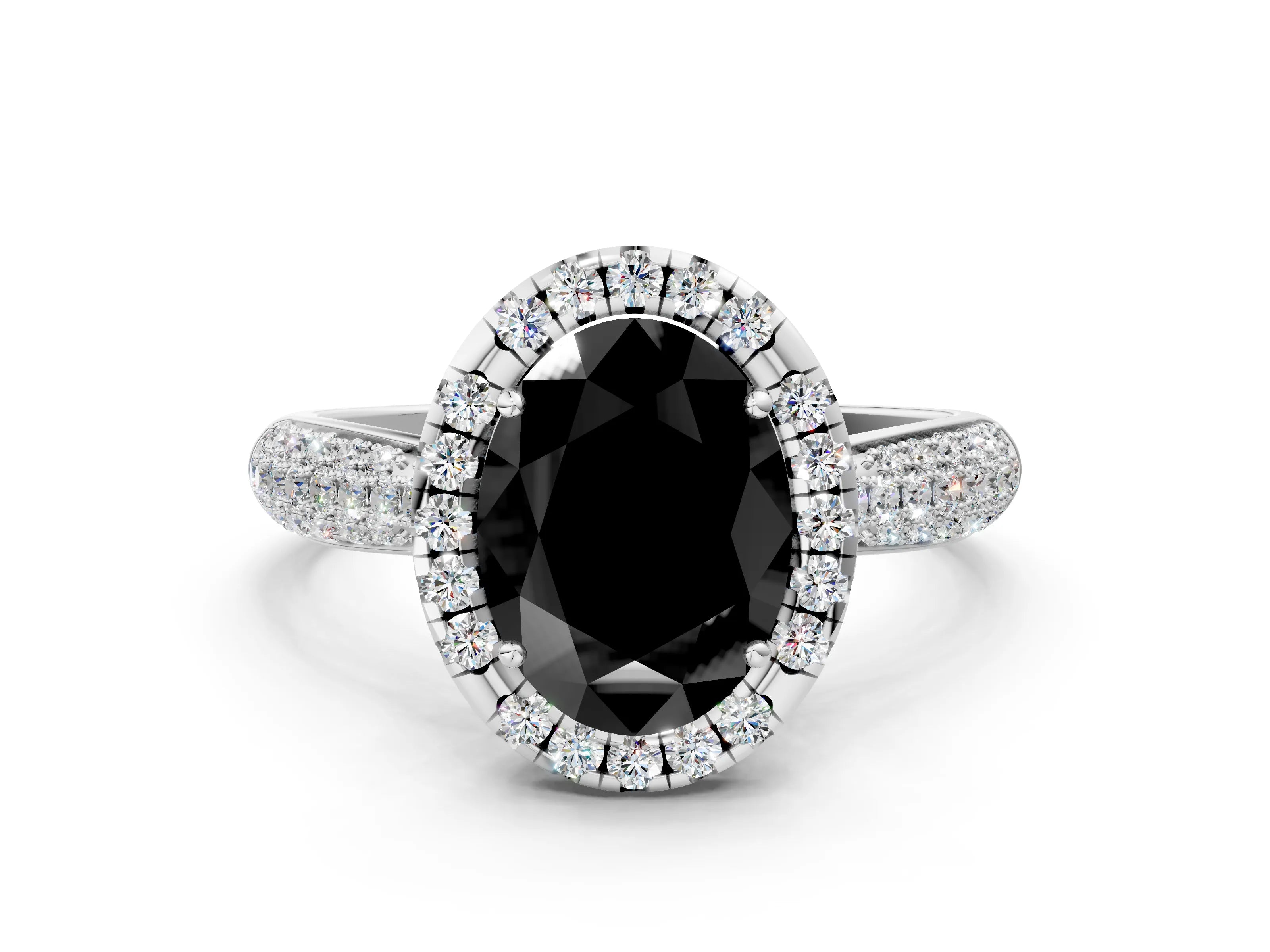 White gold Fancy Black Oval Cut Halo Diamond Ring with Pavé Band_12