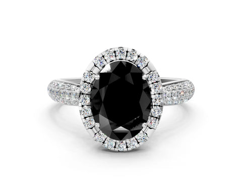 White gold Fancy Black Oval Cut Halo Diamond Ring with Pavé Band_12