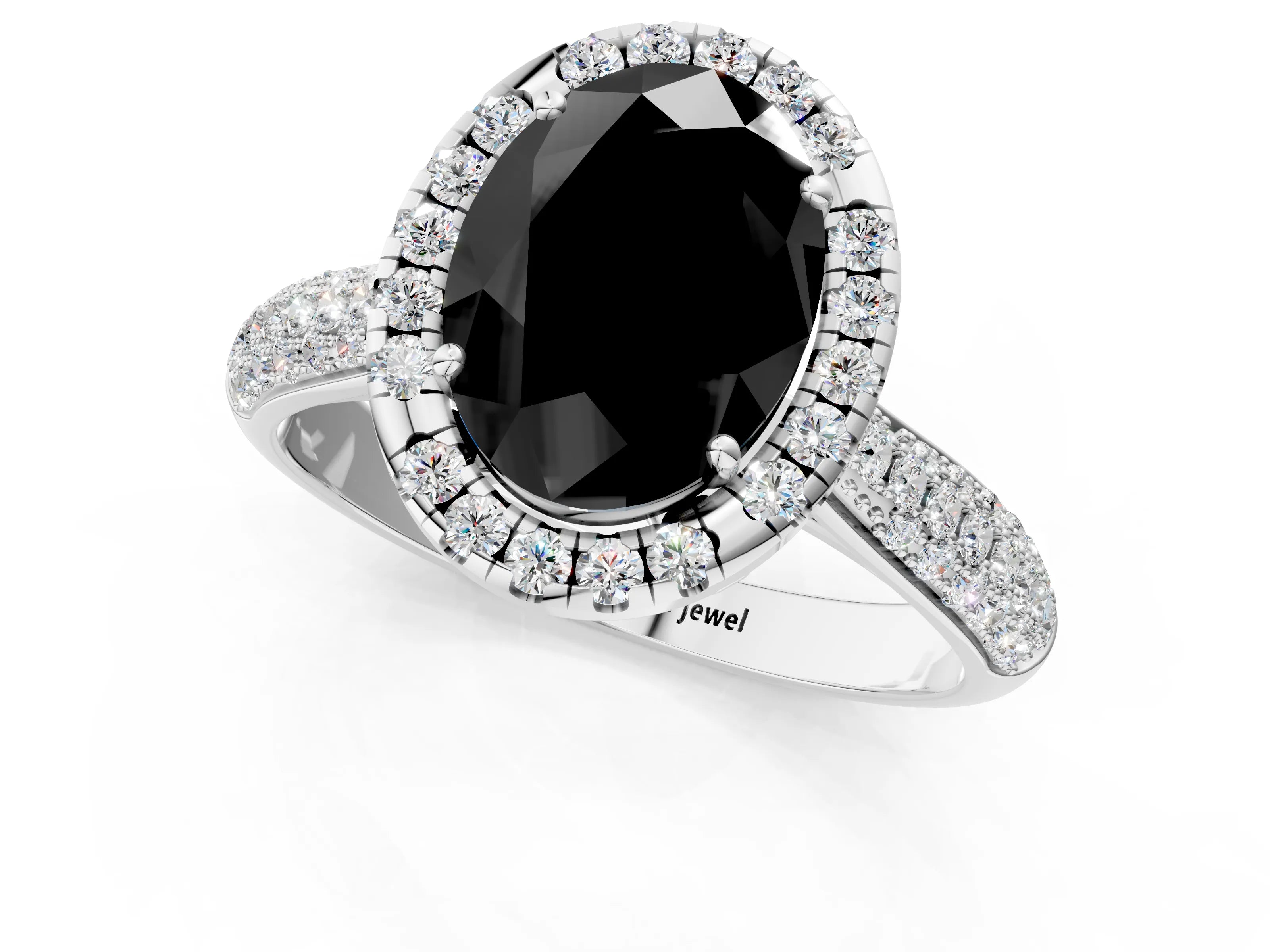 White gold Fancy Black Oval Cut Halo Diamond Ring with Pavé Band_13