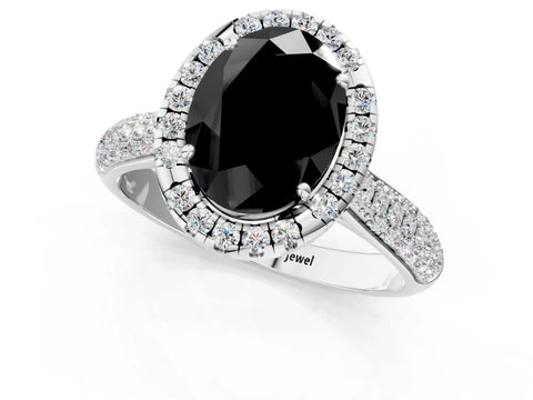 White gold Fancy Black Oval Cut Halo Diamond Ring with Pavé Band_13