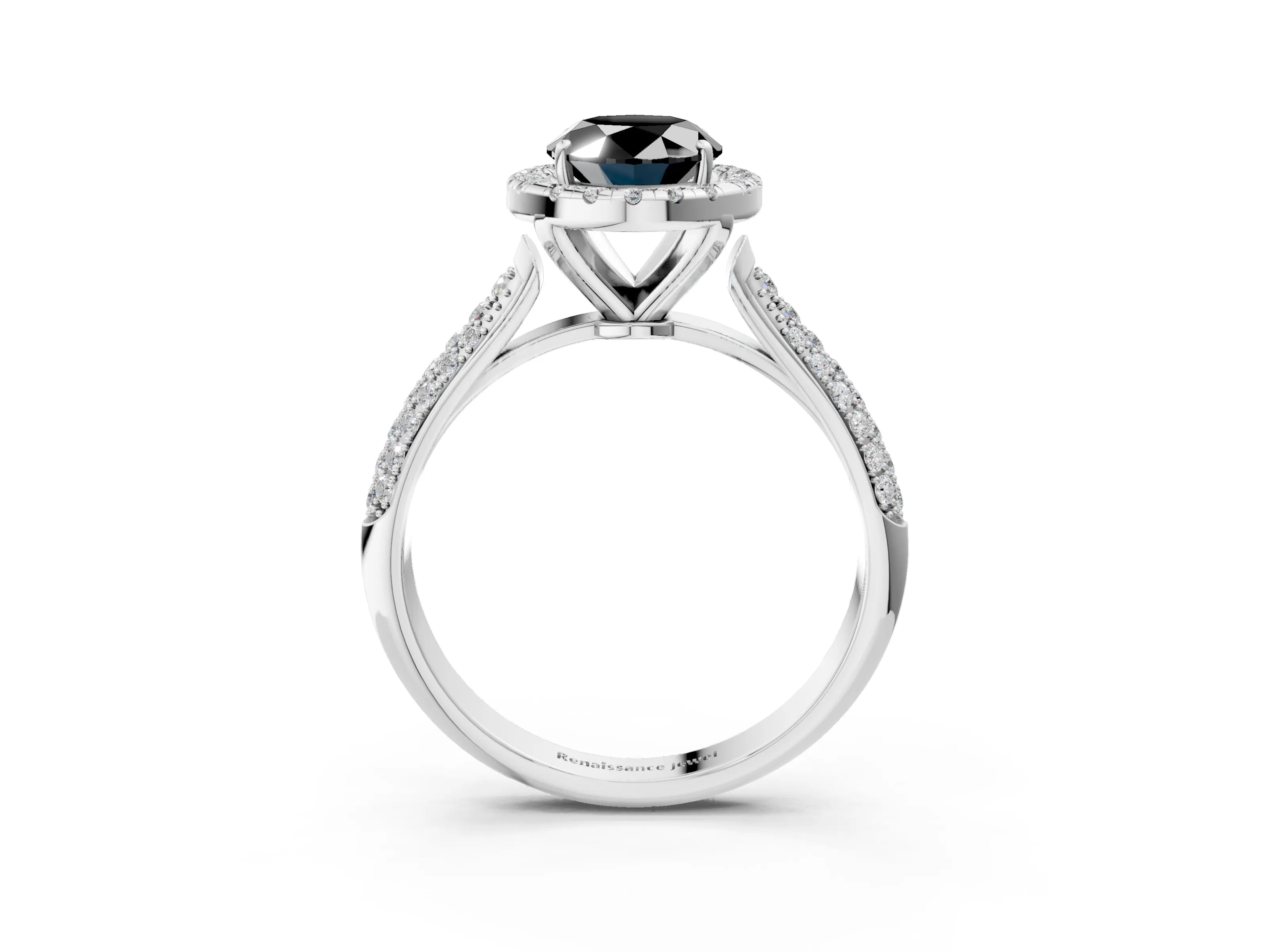 White gold Fancy Black Oval Cut Halo Diamond Ring with Pavé Band_15