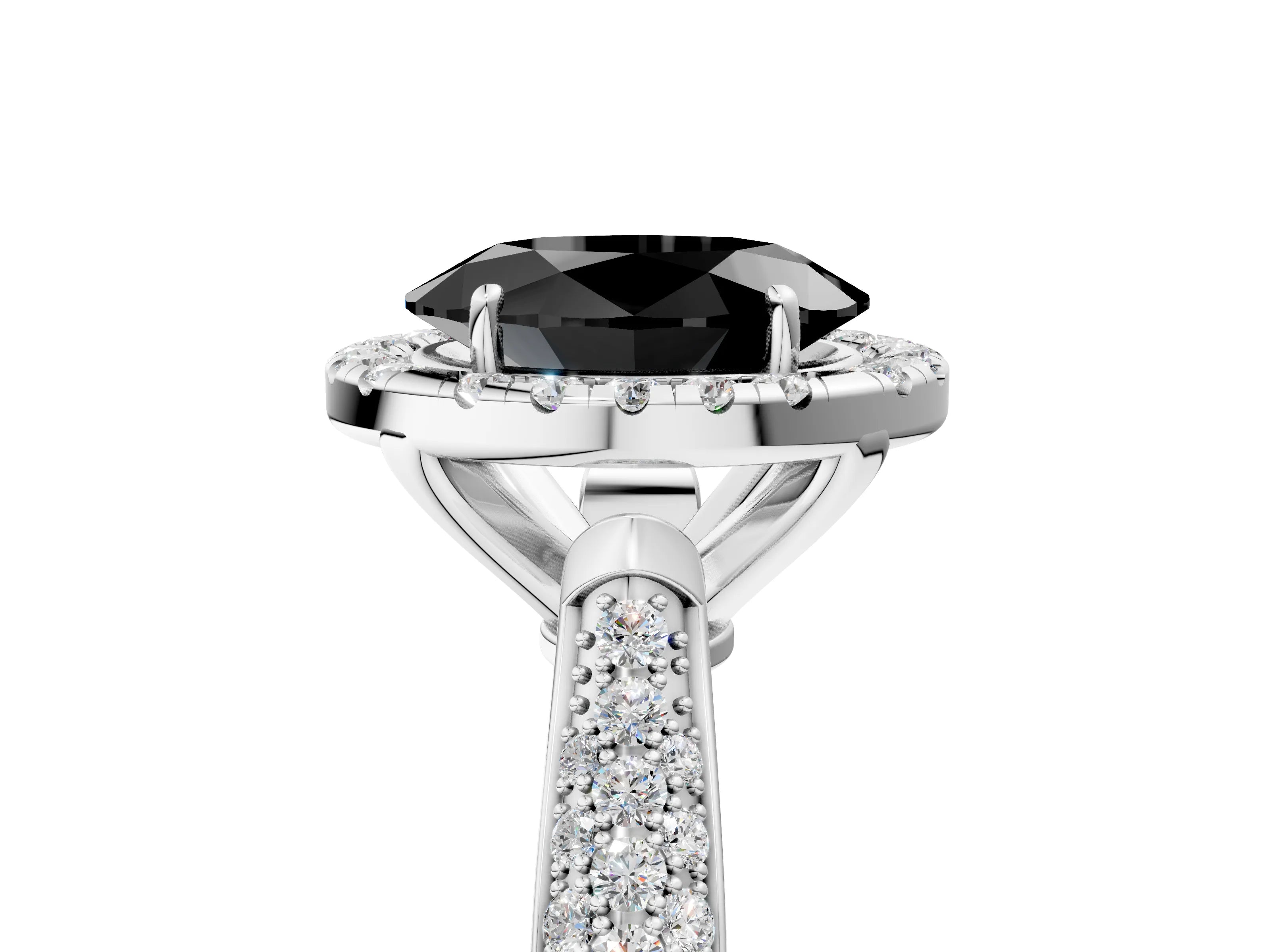 White gold Fancy Black Oval Cut Halo Diamond Ring with Pavé Band_17